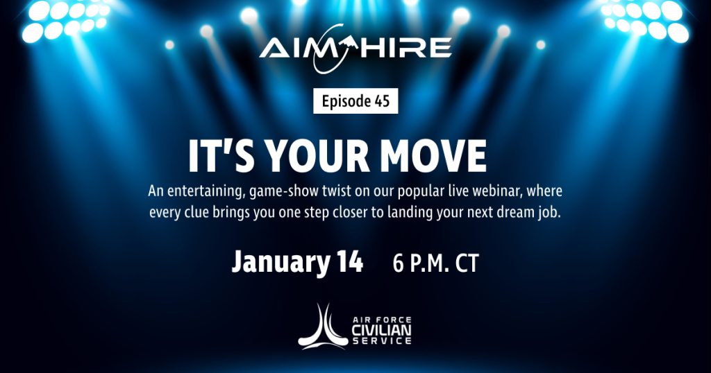 Promotion for Aim Hire Episode 45 featuring the headline “It’s Your Move,” with stage lights shining down on the text.