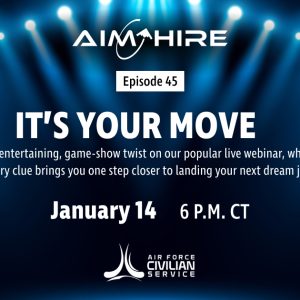 Promotion for Aim Hire Episode 45 featuring the headline “It’s Your Move,” with stage lights shining down on the text.