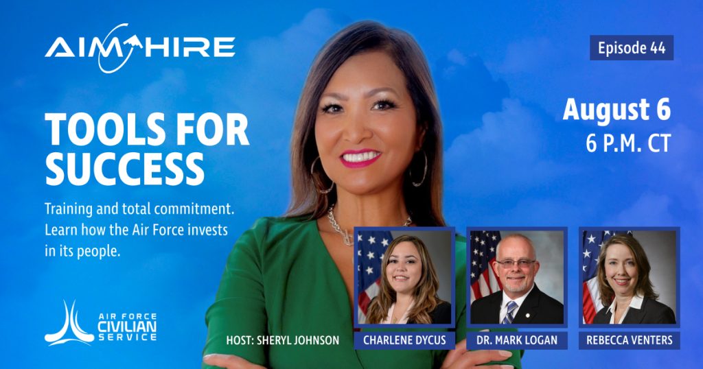 Promotional graphic for Aim Hire Episode 44, titled “Tools for Success.” Host Sheryl Johnson is featured, along with guest speakers Charlene Dycus, Dr. Mark Logan, and Rebecca Venters.