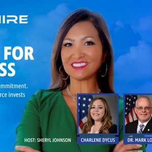 Promotional graphic for Aim Hire Episode 44, titled “Tools for Success.” Host Sheryl Johnson is featured, along with guest speakers Charlene Dycus, Dr. Mark Logan, and Rebecca Venters.