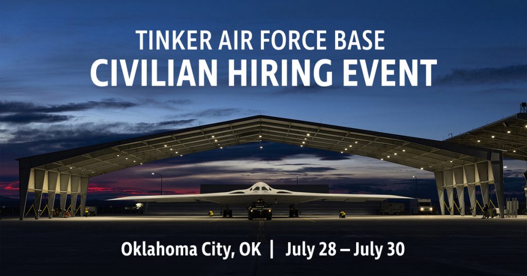 Tinker Air Force Base Civilian Hiring Event in Oklahoma City, July 28-30, featuring an aircraft in a hangar at dusk.