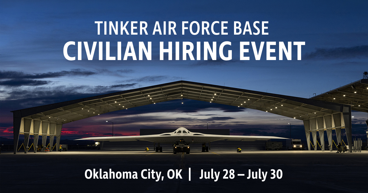 Tinker Air Force Base Civilian Hiring Event in Oklahoma City, July 28-30, featuring an aircraft in a hangar at dusk.
