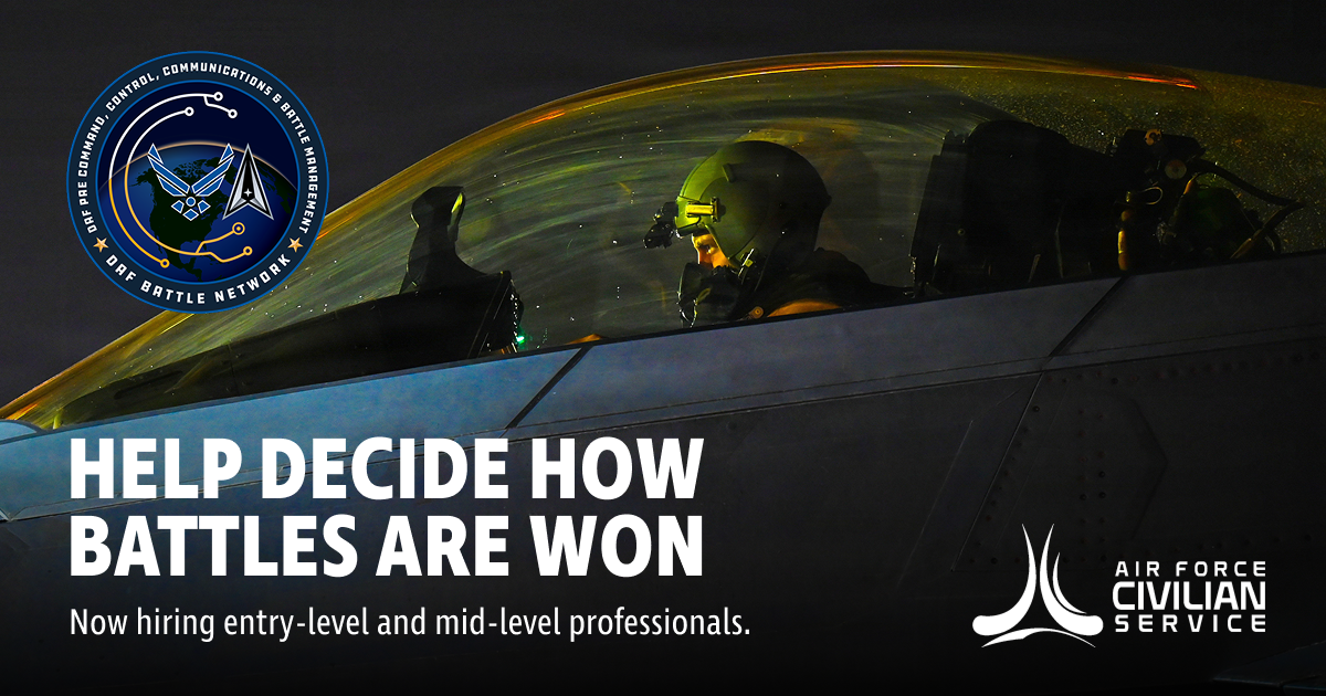 Air Force Civilian Service graphic reading “Help Decide How Battles Are Won,” featuring a pilot in a fighter jet cockpit and DAF Battle Network branding.